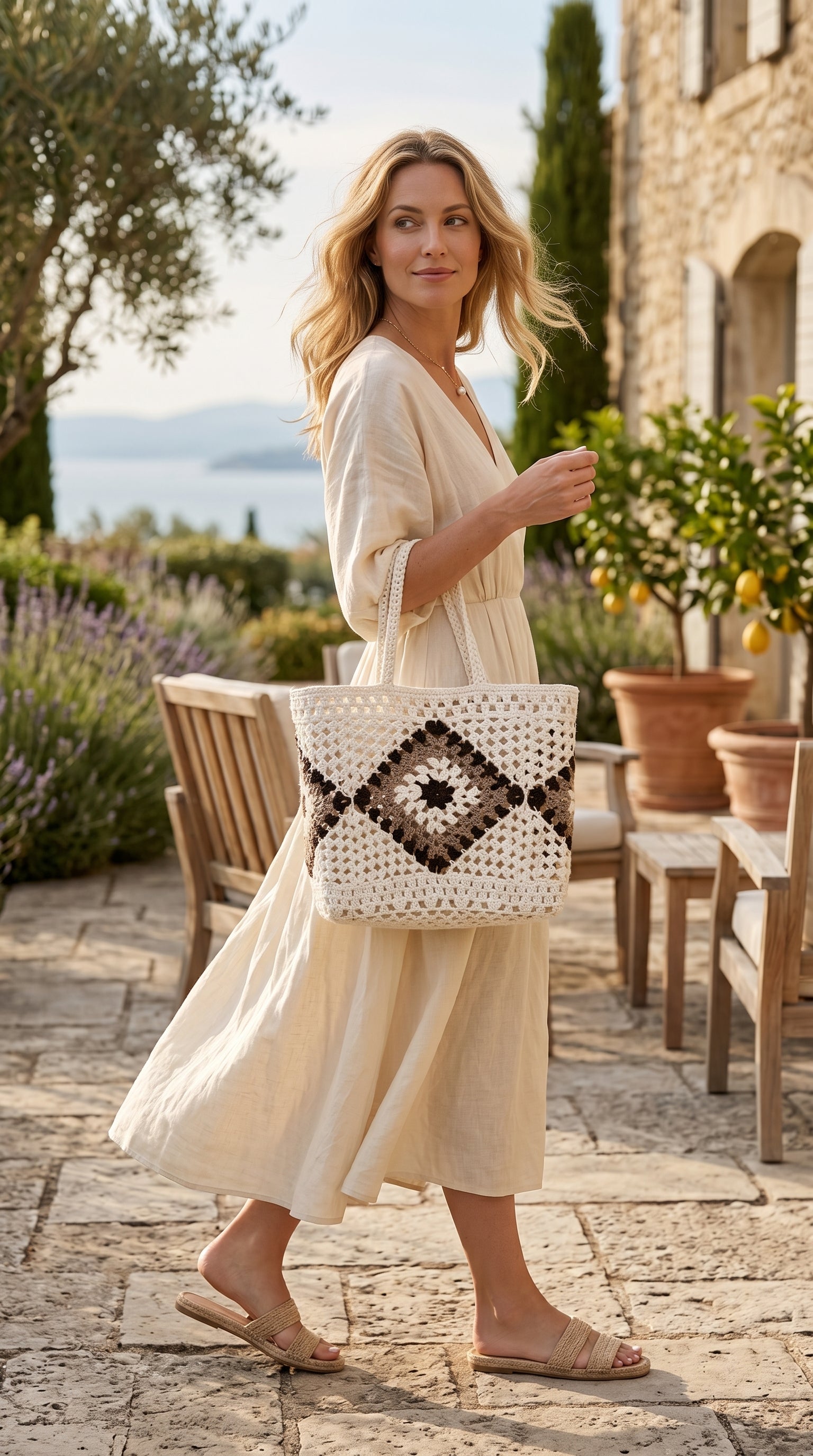 White Snake Eye Hand Knitted Crochet Boxy Tote Bag