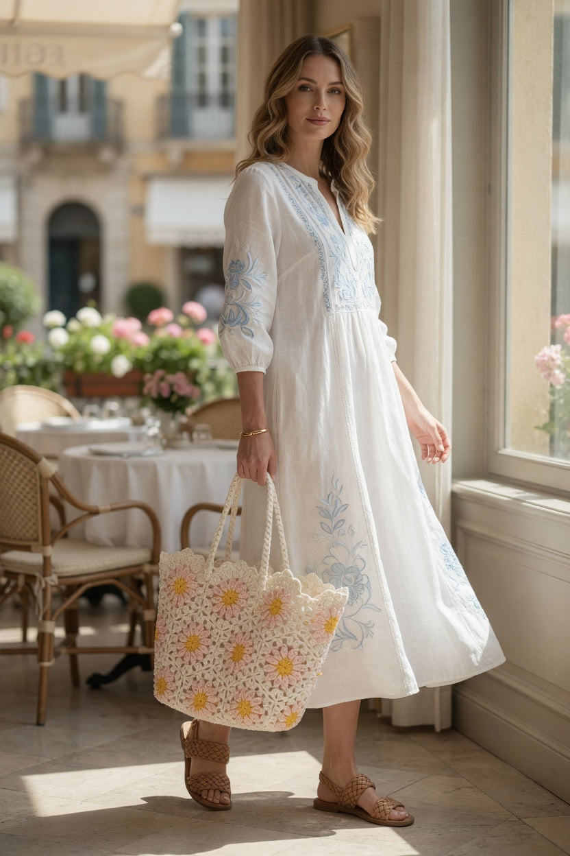 Pink White Daisy Hand Knitted Crochet Tote Bag