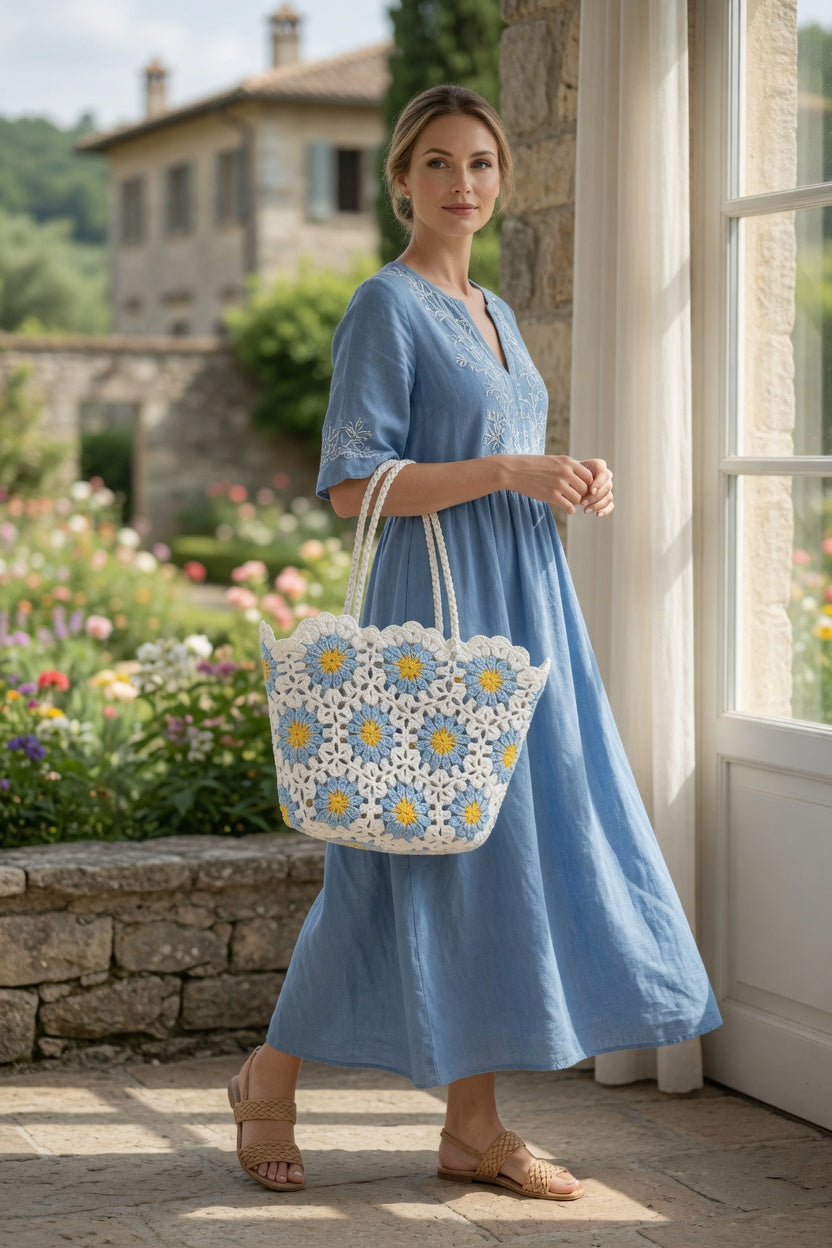 Blue White Daisy Hand Knitted Crochet Tote Bag