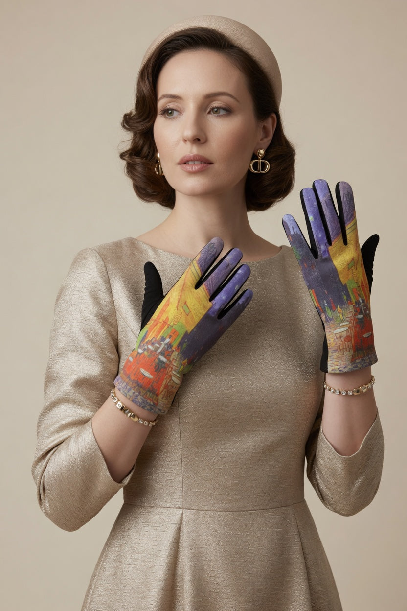 Cafe Terrace Night Art Gloves – Romantic Evening Touchscreen Gloves