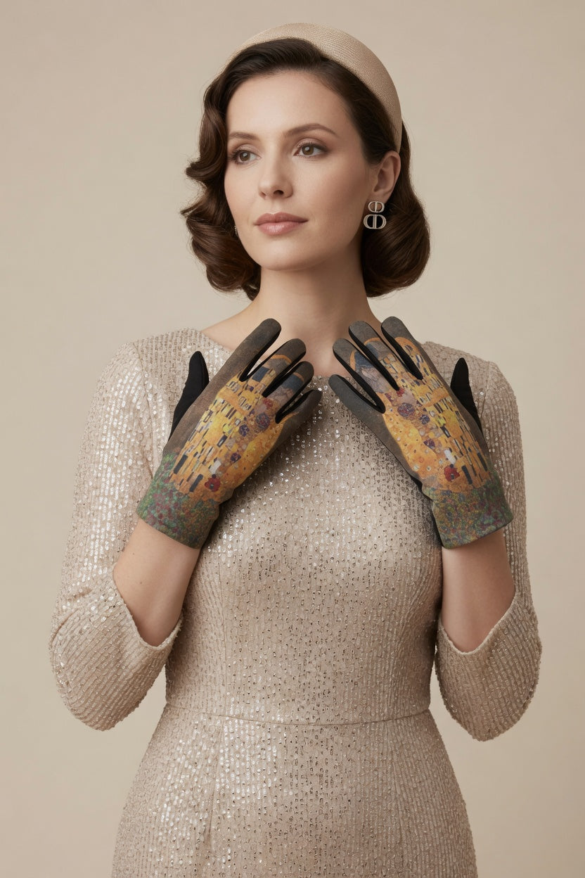 The Kiss Art Gloves – Romantic Gold Pattern Touchscreen Gloves