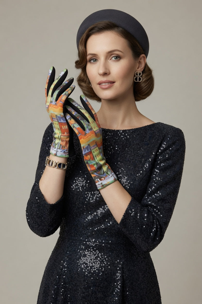 Vibrant City Art Gloves – Colorful Architecture Touchscreen Gloves
