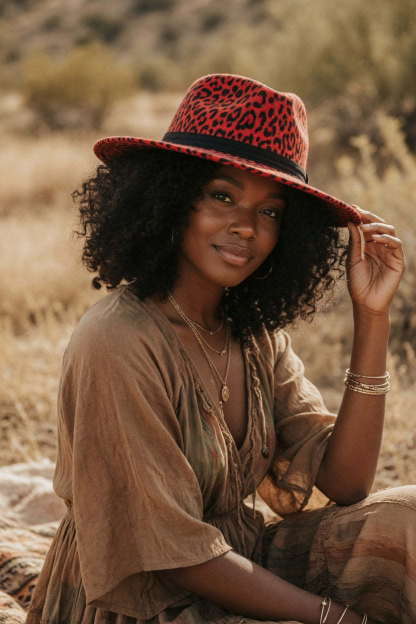 Red Leopard Fedora Hat – Black Faux Leather Band Felt Hat