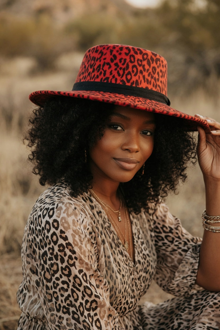 Red Leopard Fedora Hat – Black Faux Leather Band Felt Hat