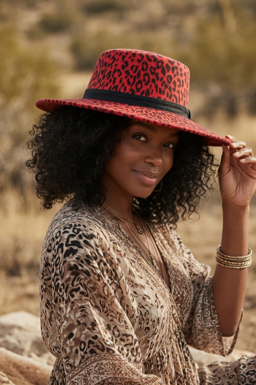 Red Leopard Fedora Hat – Black Faux Leather Band Felt Hat