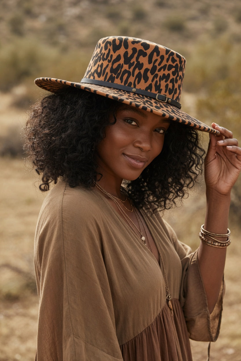 Camel Fedora Hat – Leopard Black Faux Leather Band Felt Hat