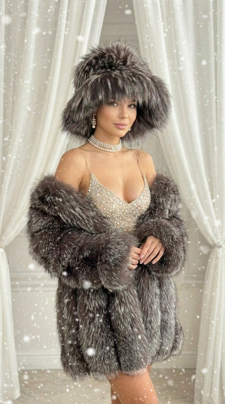 Midnight Black Extra Wide Brim Faux Fur Hat