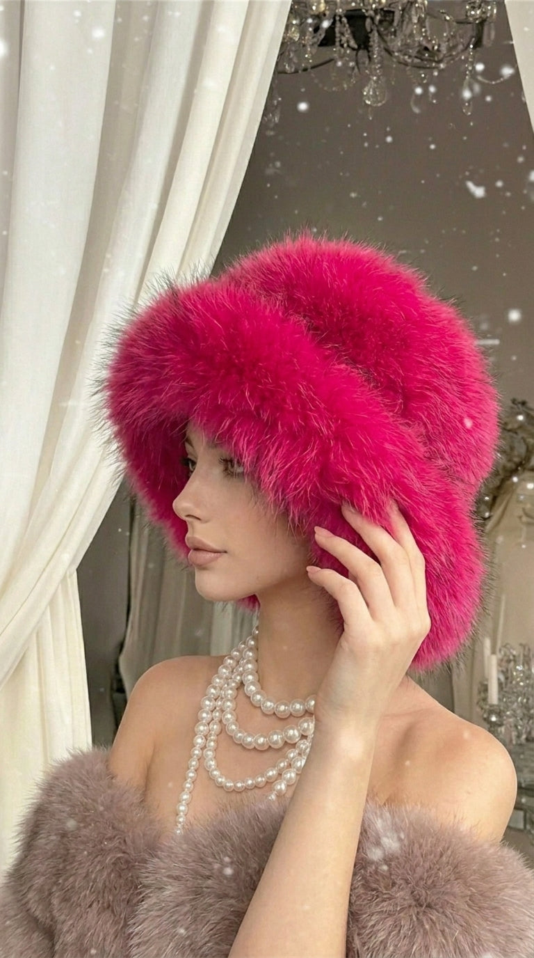 Hot Pink Extra Wide Brim Faux Fur Glam Hat