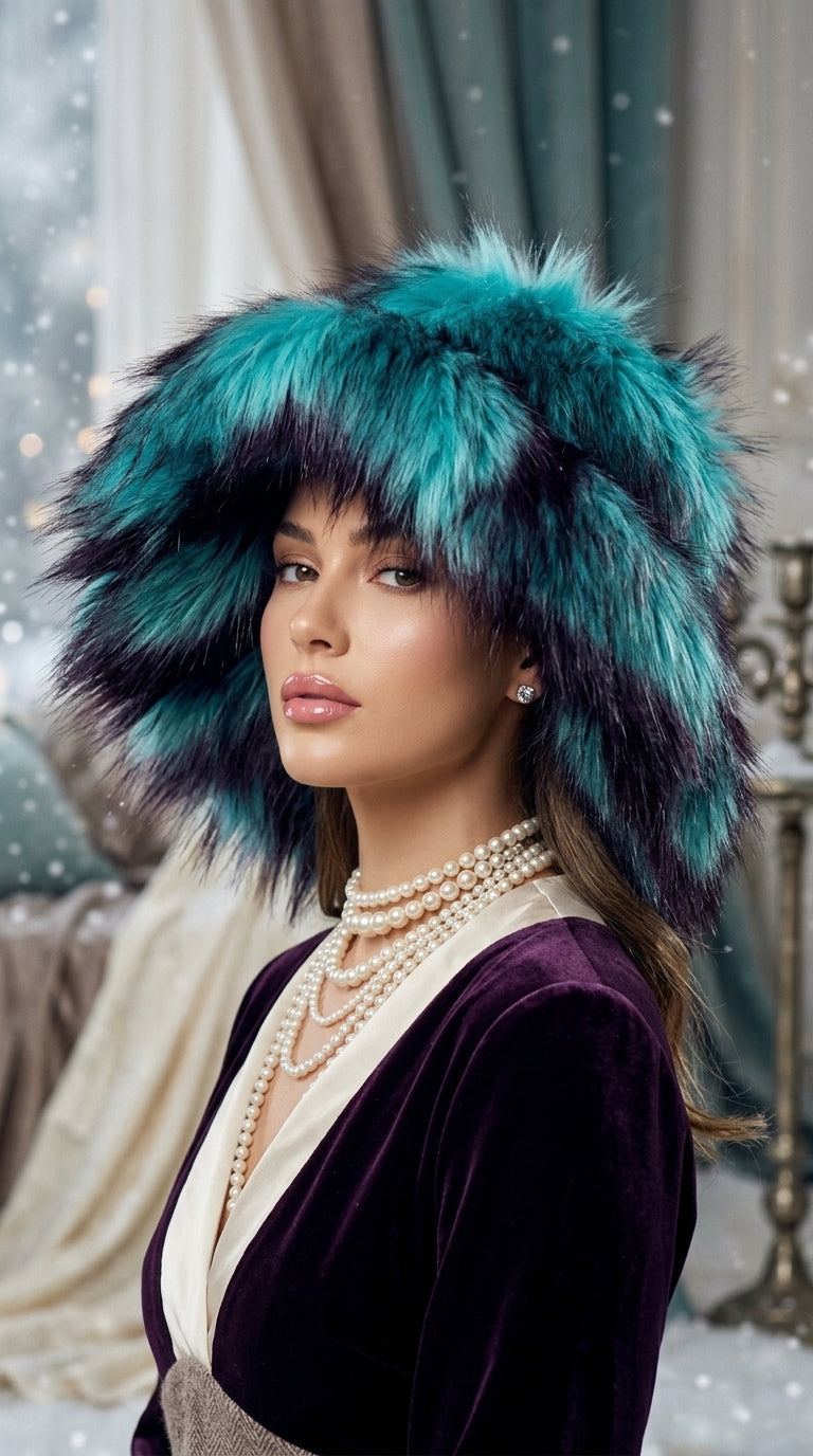 Teal Extra Wide Brim Faux Fur Glam Hat