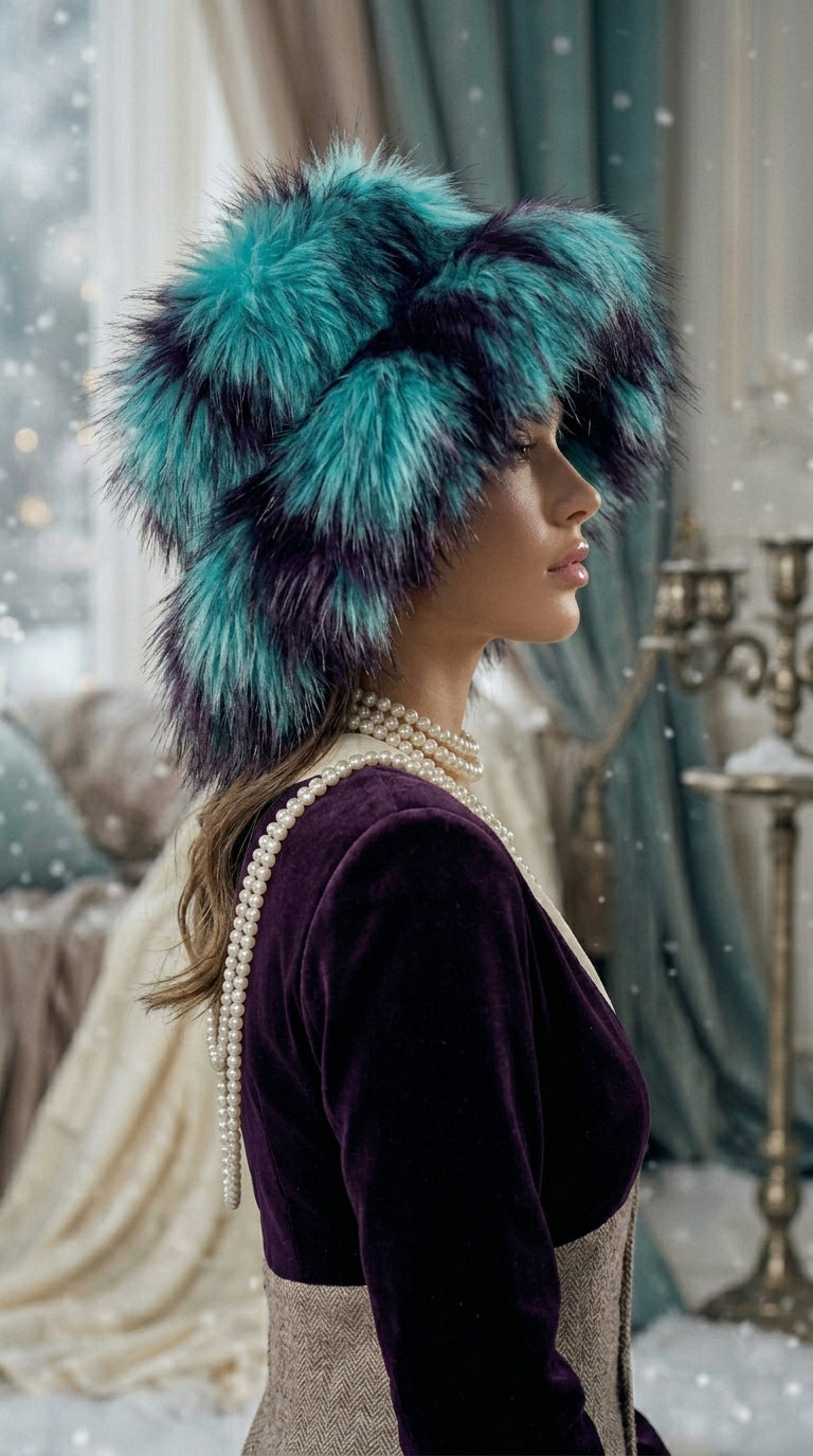 Teal Extra Wide Brim Faux Fur Glam Hat