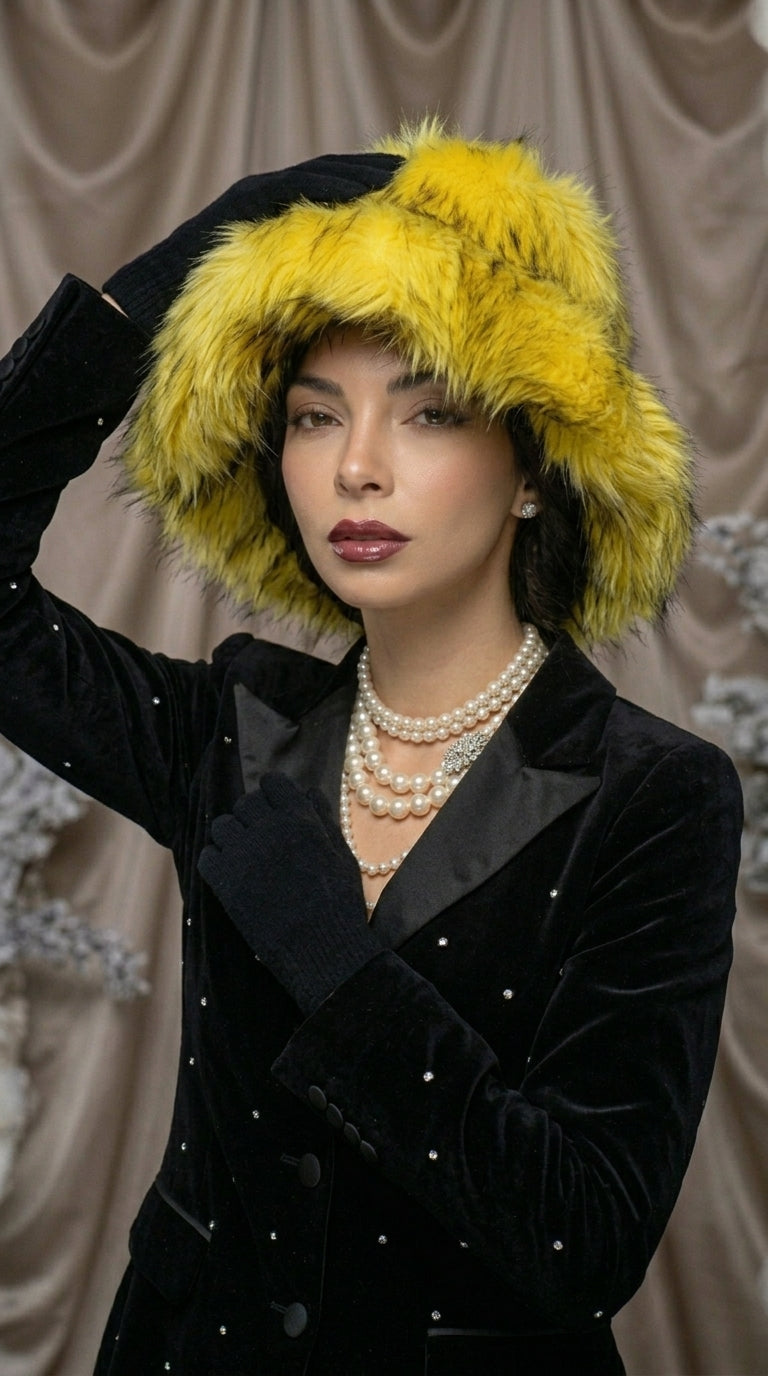 Golden Sunburst Extra Wide Brim Faux Fur Hat
