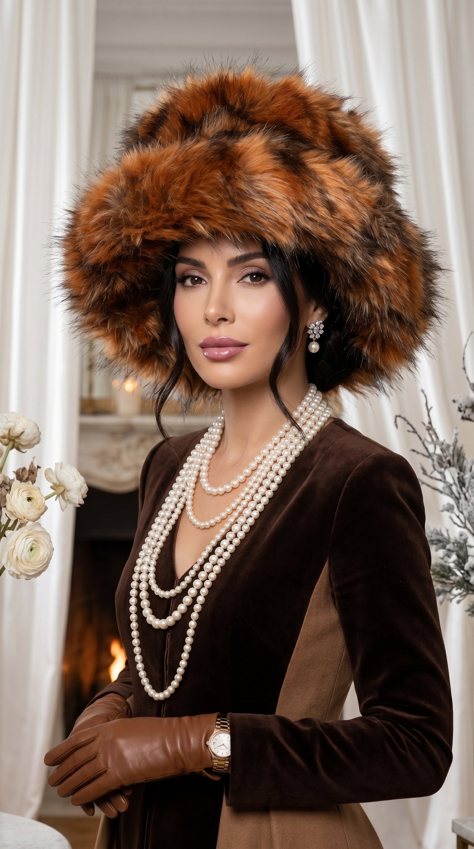 Copper Leopard Extra Wide Brim Fur Glam Hat