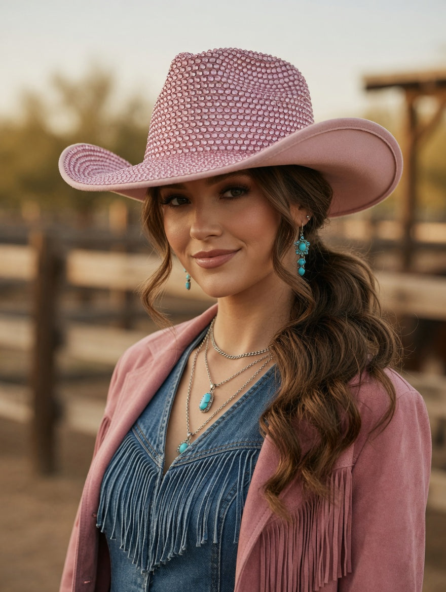 Rose Pink Cowboy Hat Full Rhinestones