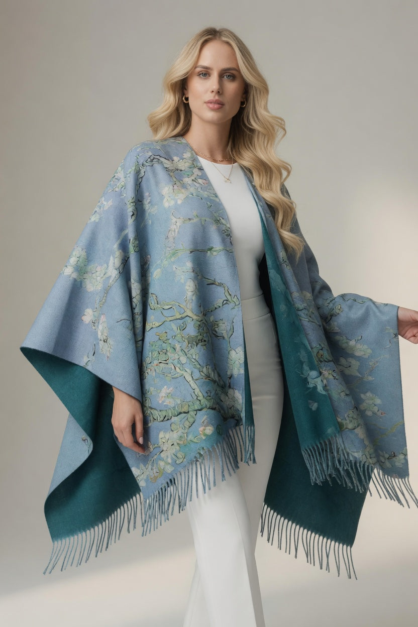 Almond Blossom Art Ruana – Soft Blue Floral Wrap