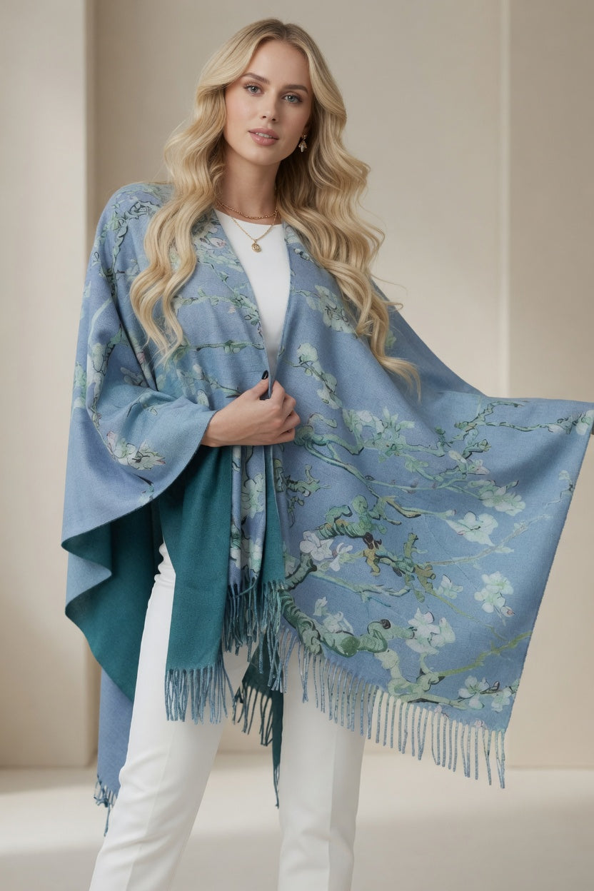Almond Blossom Art Ruana – Soft Blue Floral Wrap