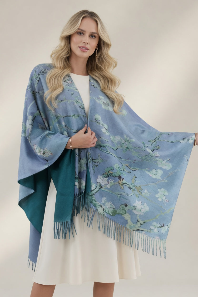 Almond Blossom Art Ruana – Soft Blue Floral Wrap