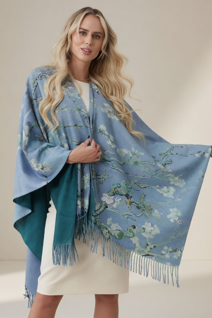 Almond Blossom Art Ruana – Soft Blue Floral Wrap