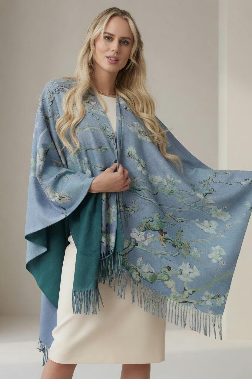 Almond Blossom Art Ruana – Soft Blue Floral Wrap