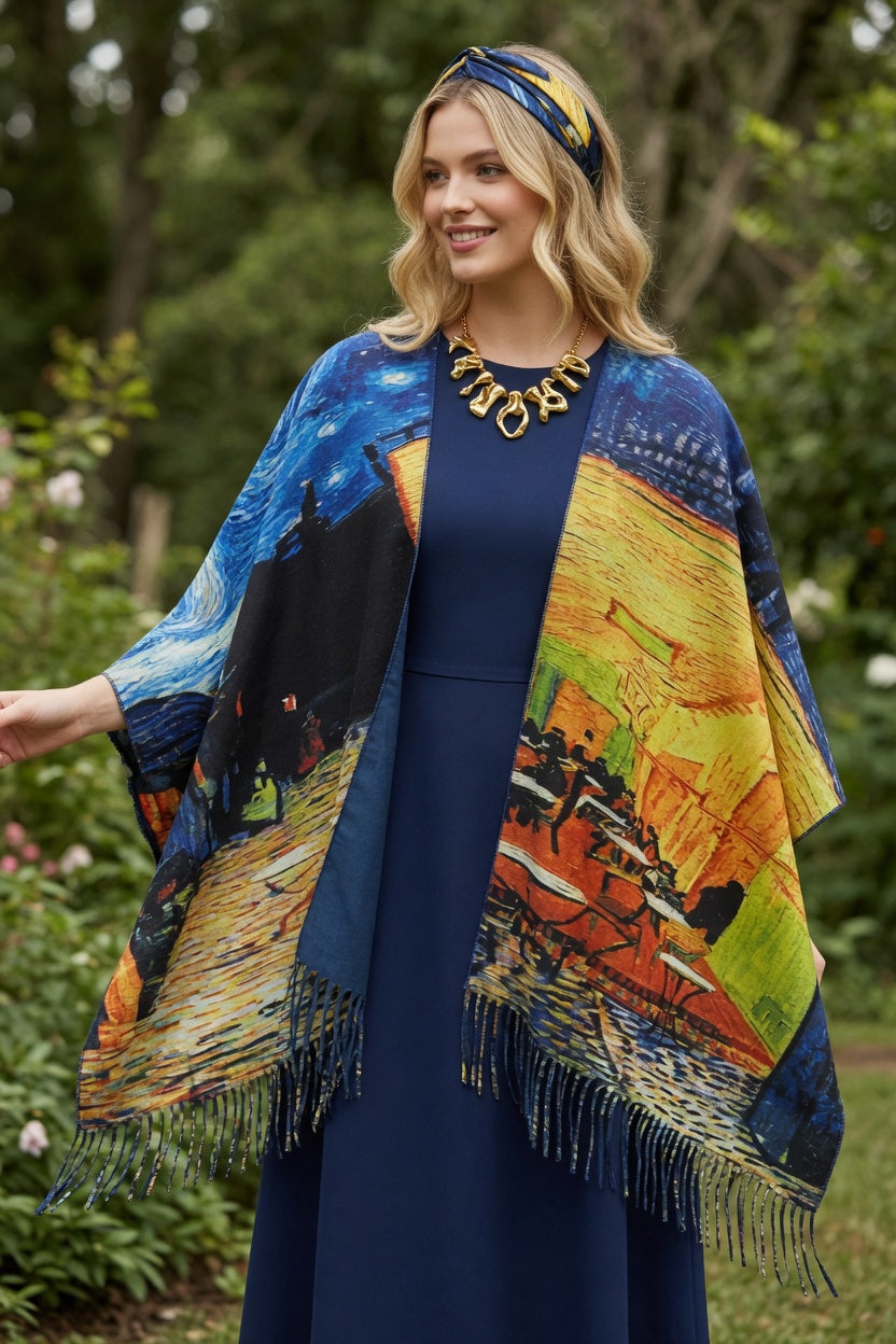 Cafe Terrace Art Ruana – Golden Evening Wrap