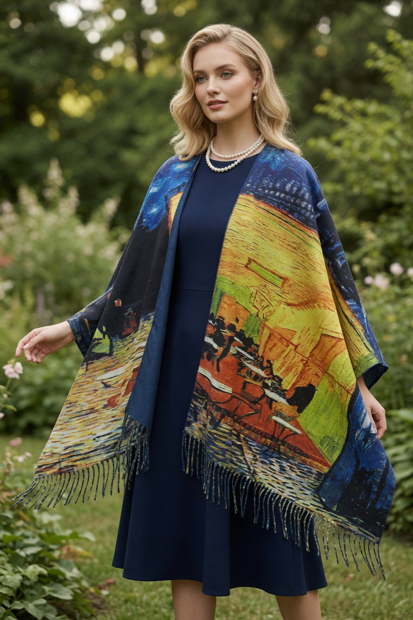 Cafe Terrace Art Ruana – Golden Evening Wrap
