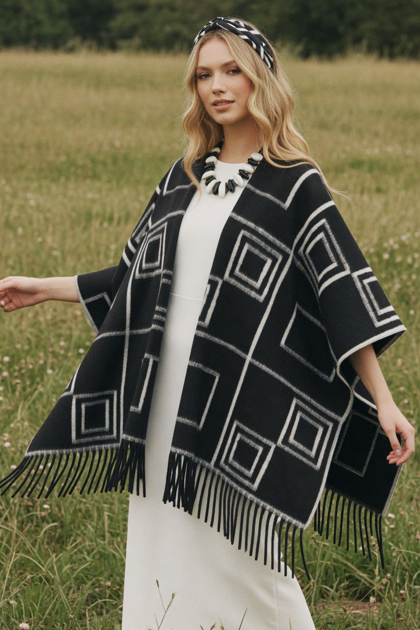 Graphic Squares Black Ruana – Modern Pattern Wrap