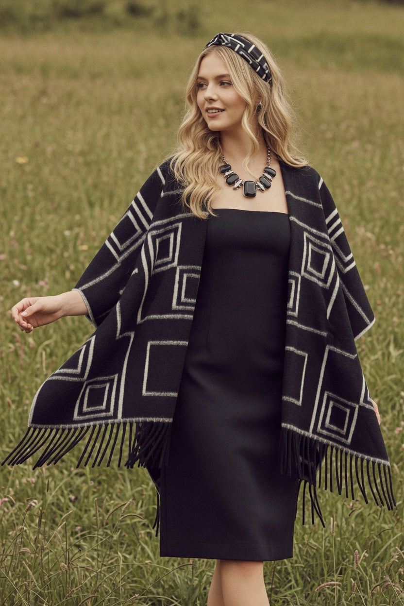 Graphic Squares Black Ruana – Modern Pattern Wrap