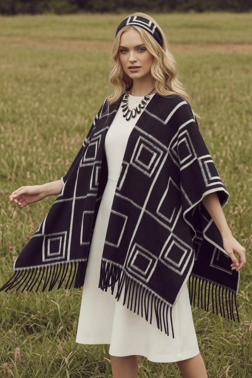 Graphic Squares Black Ruana – Modern Pattern Wrap