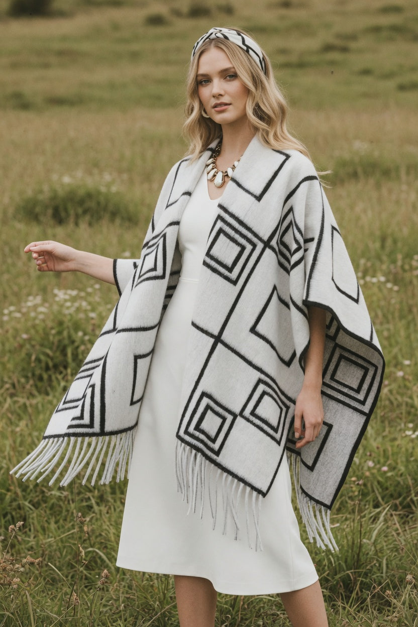 Graphic Squares White Ruana – Modern Pattern Wrap