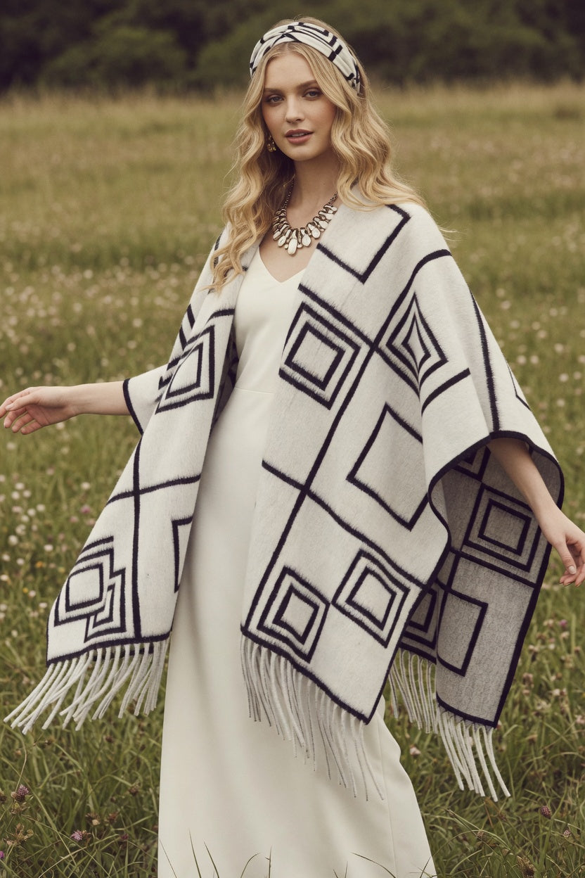 Graphic Squares White Ruana – Modern Pattern Wrap