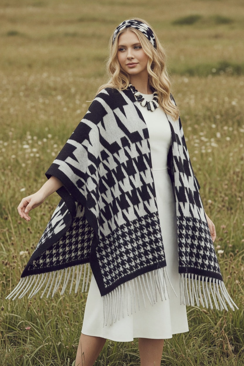 Houndstooth Edit Black Ruana – Classic Pattern Wrap