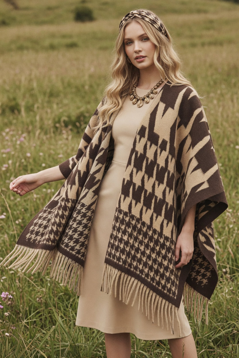 Houndstooth Edit Khaki Ruana – Soft Neutral Wrap