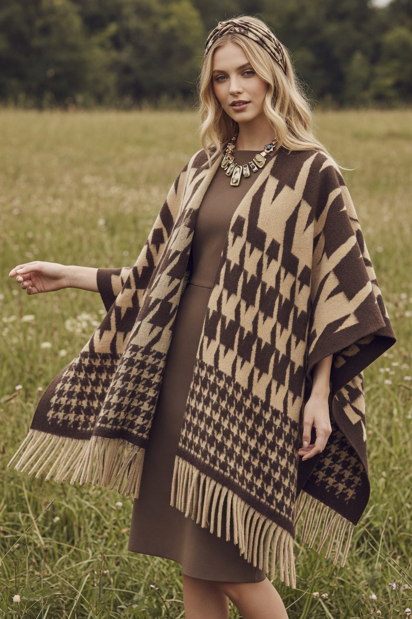 Houndstooth Edit Khaki Ruana – Soft Neutral Wrap