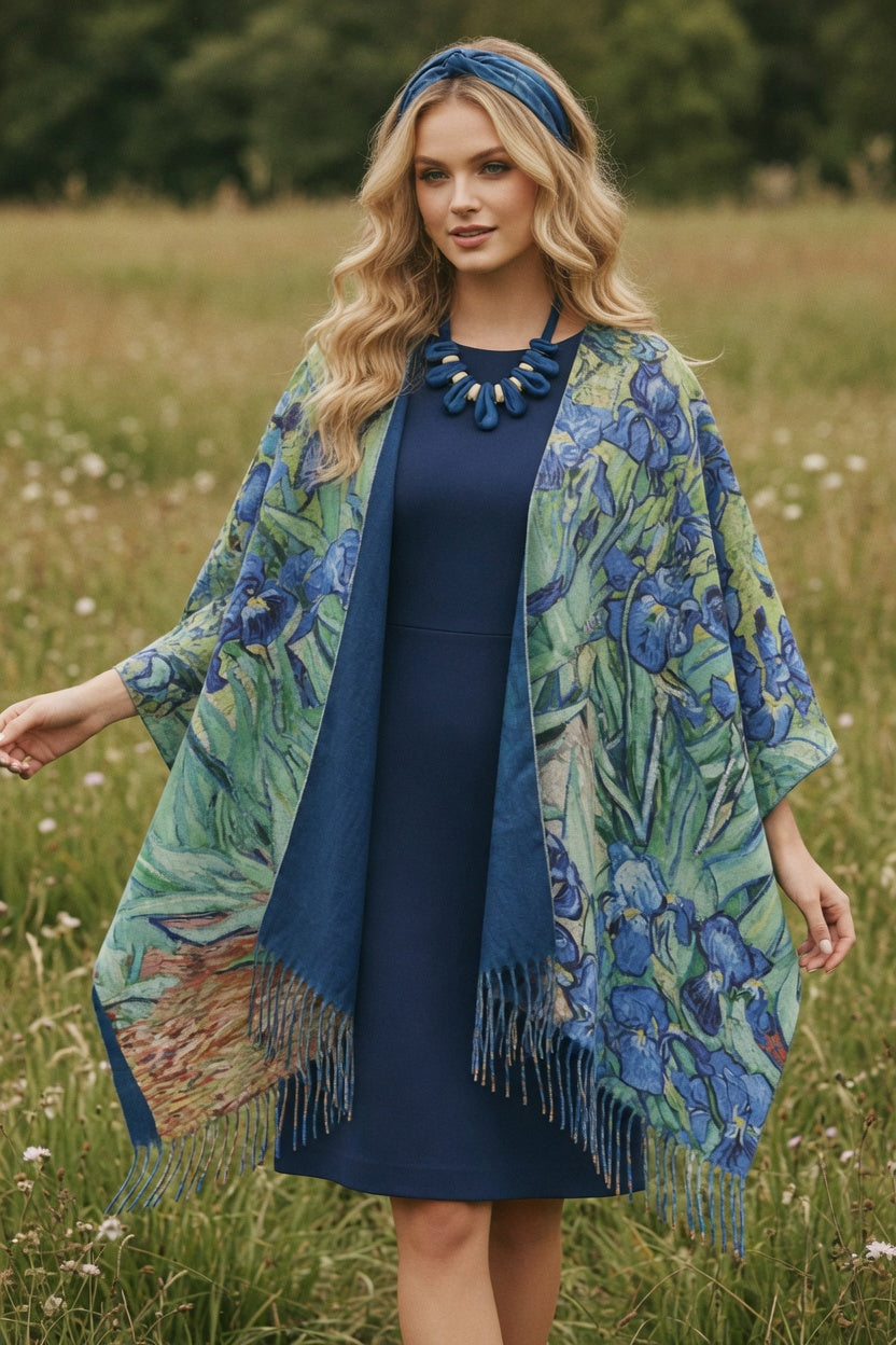 Irises Art Ruana – Blue Floral Wrap