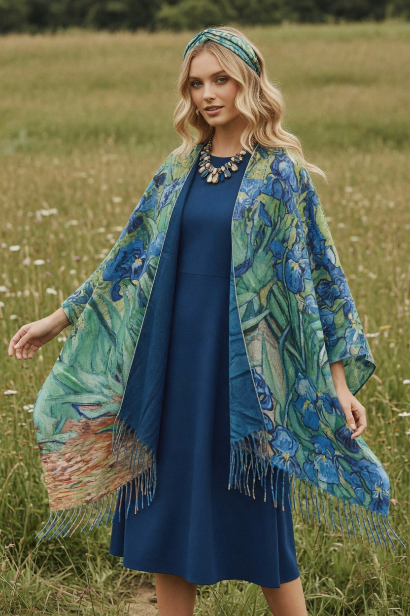 Irises Art Ruana – Blue Floral Wrap