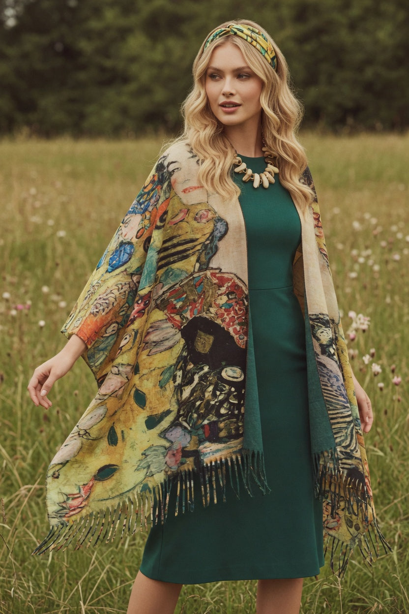 Lady with Fan Art Ruana – Elegant Portrait Wrap