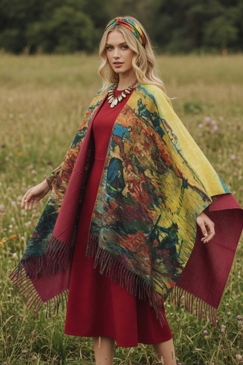 Red Vineyard Art Ruana – Warm Landscape Wrap