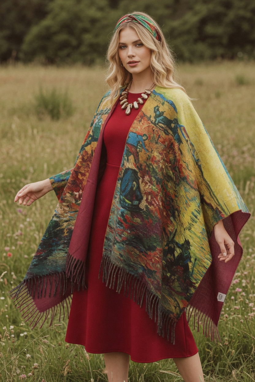 Red Vineyard Art Ruana – Warm Landscape Wrap