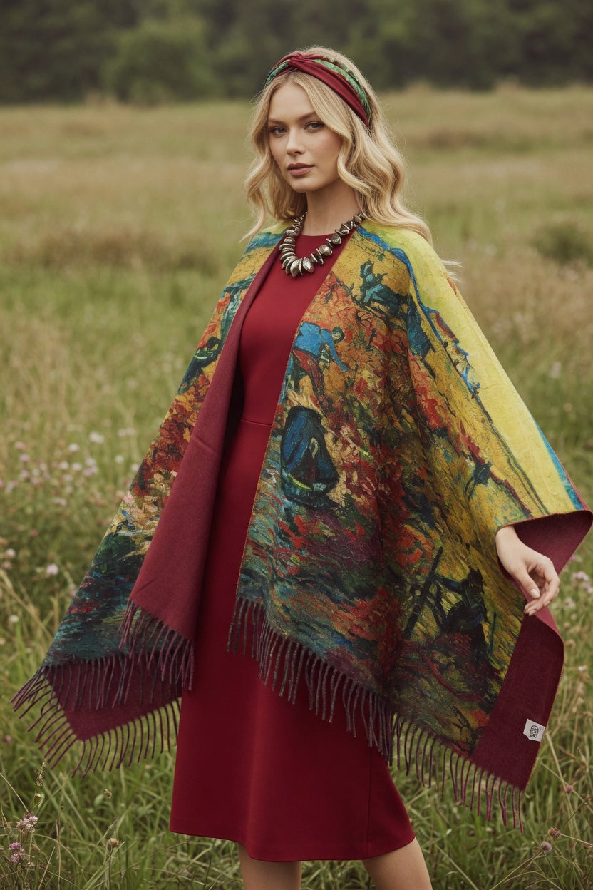 Red Vineyard Art Ruana – Warm Landscape Wrap