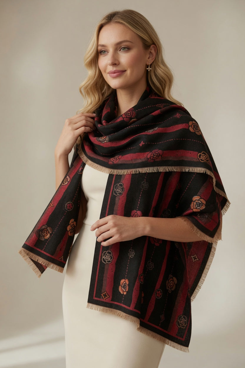 Black Red Floral Art Scarf – Bold Elegant Wrap