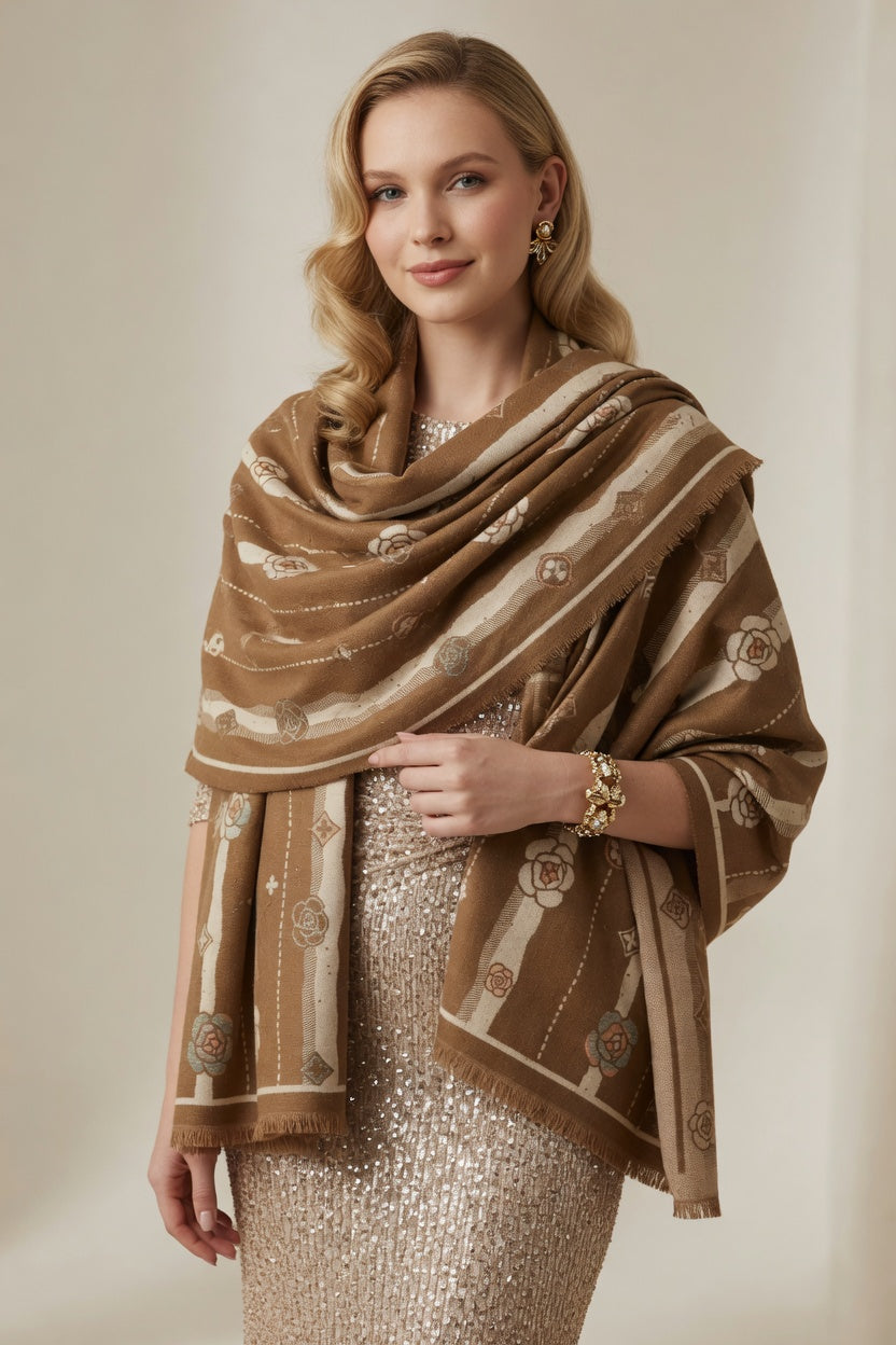 Caramel Rose Stripe Scarf – Warm Tone Elegant Wrap
