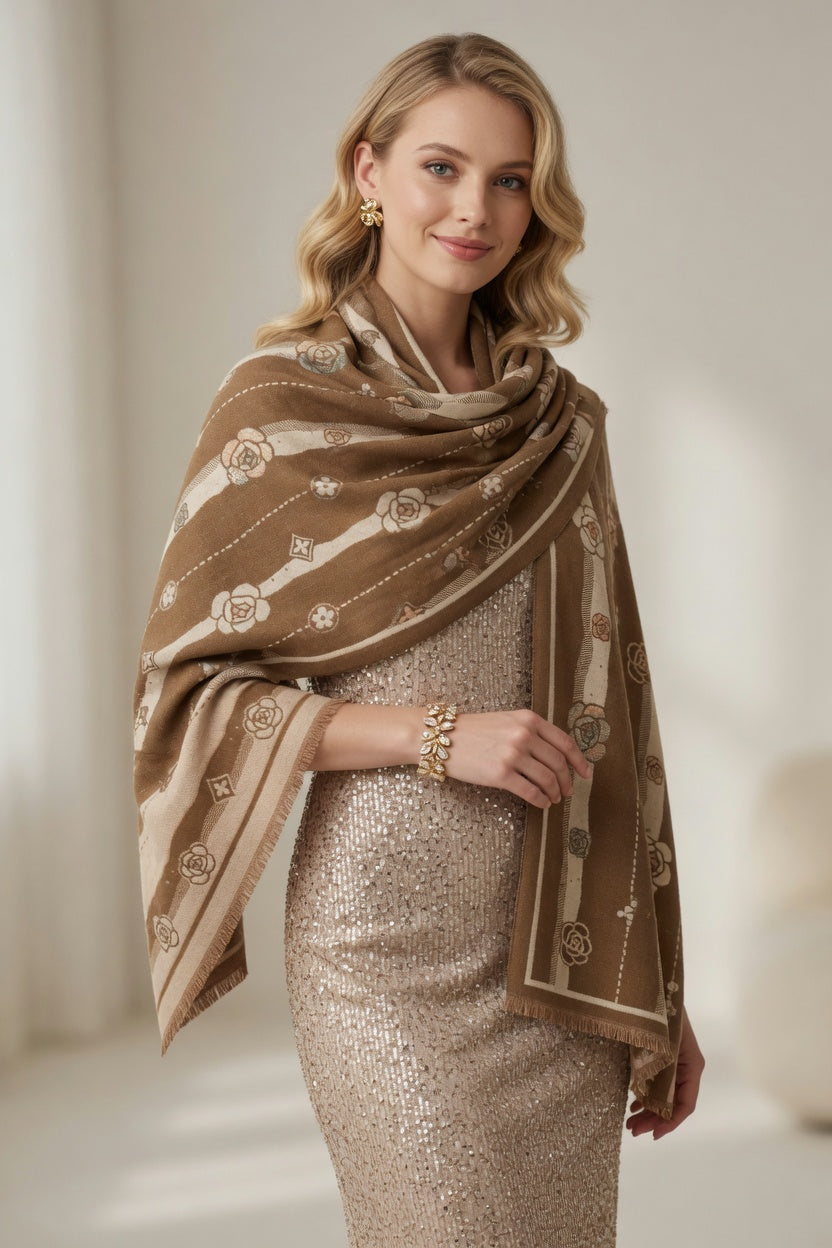 Caramel Rose Stripe Scarf – Warm Tone Elegant Wrap