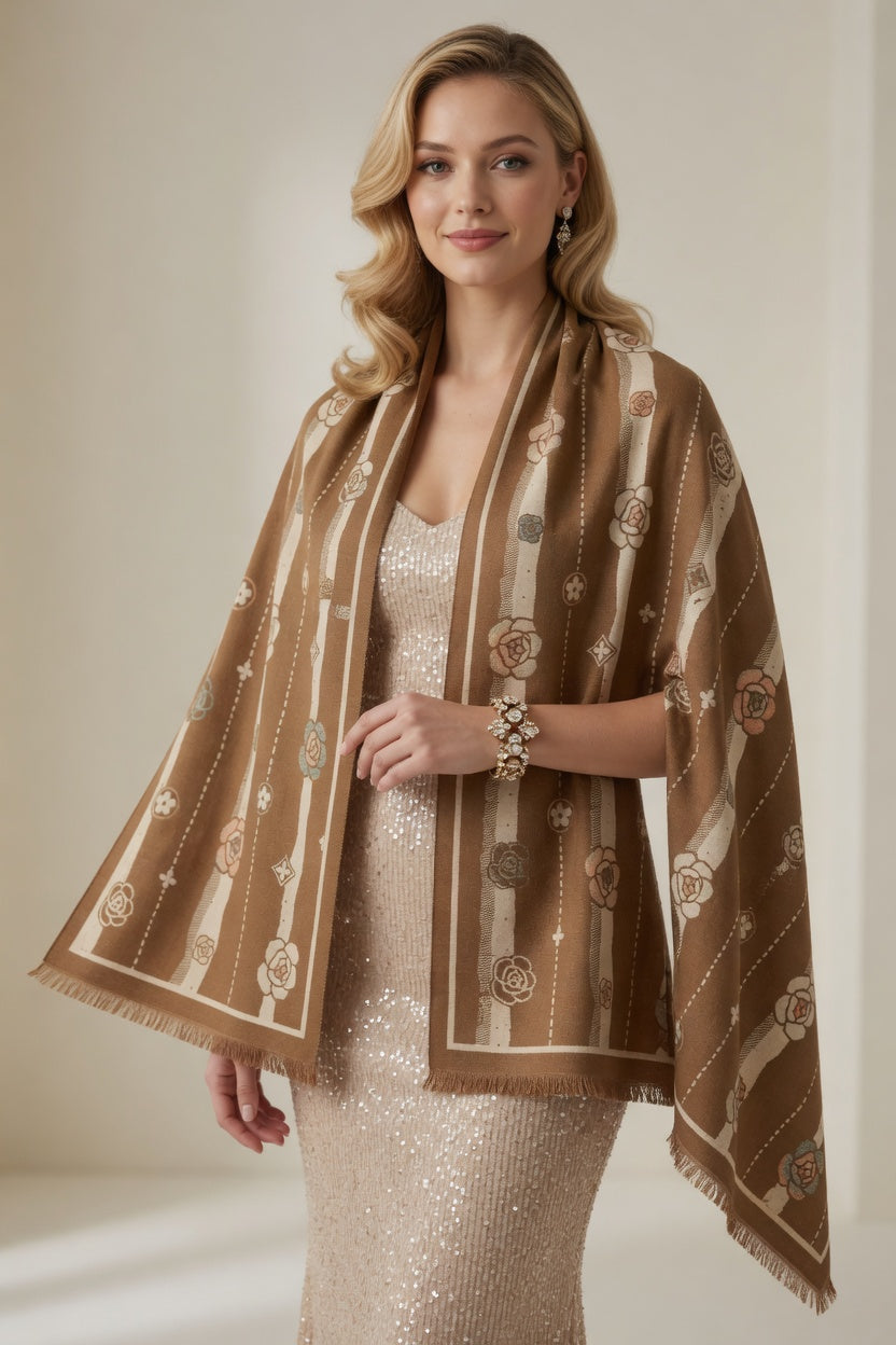 Caramel Rose Stripe Scarf – Warm Tone Elegant Wrap