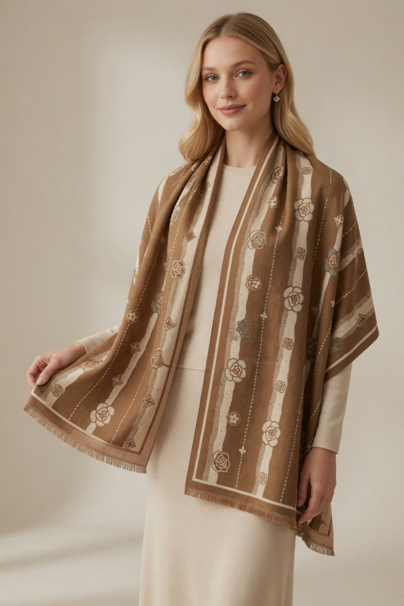 Caramel Rose Stripe Scarf – Warm Tone Elegant Wrap
