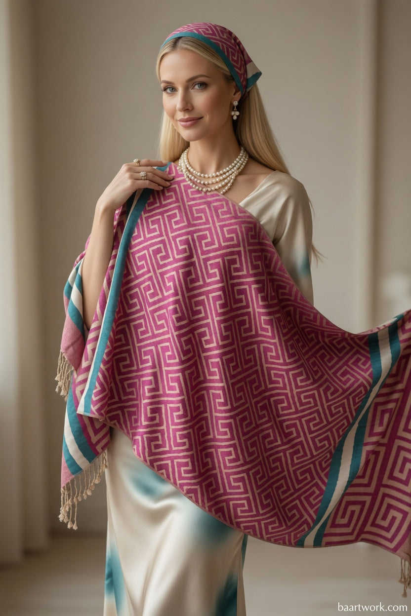 Fuchsia Greek Key Scarf – Bold Pattern Wrap