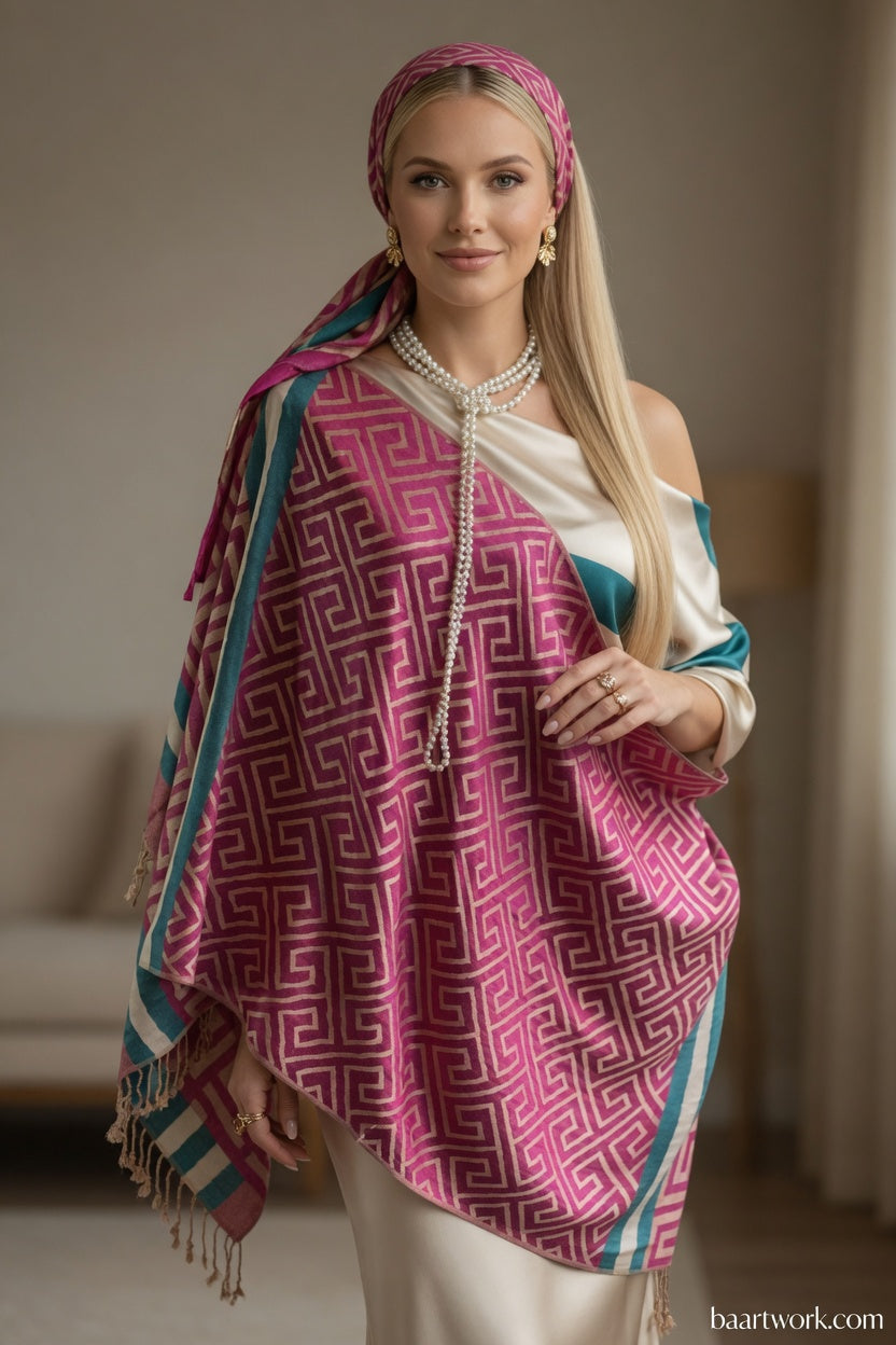 Fuchsia Greek Key Scarf – Bold Pattern Wrap