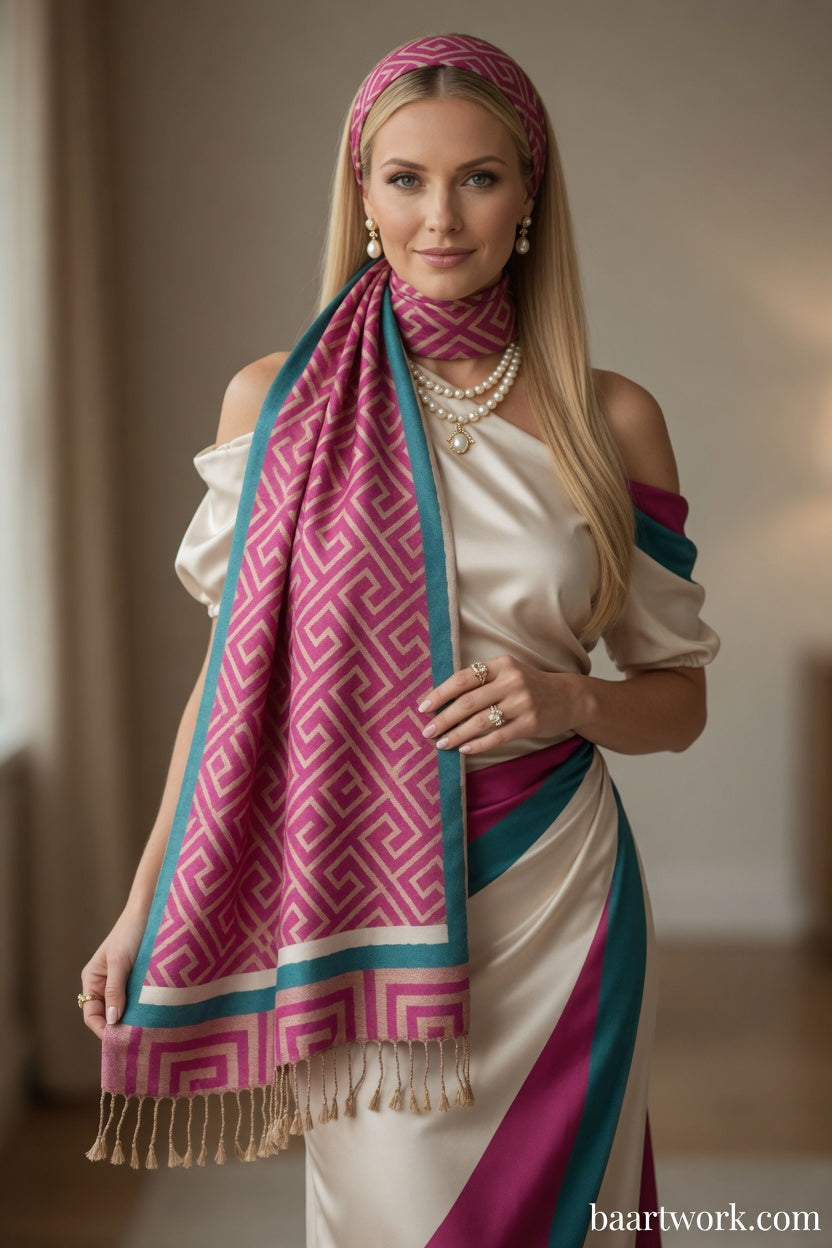 Fuchsia Greek Key Scarf – Bold Pattern Wrap