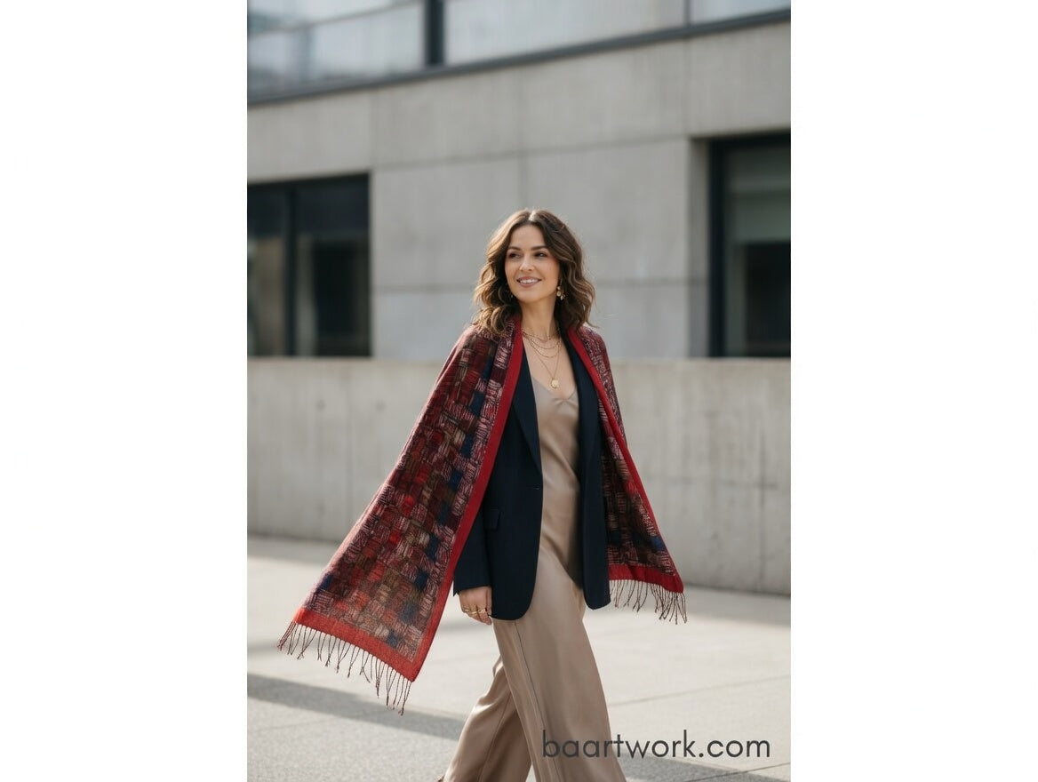 Red Mosaic Art Scarf – Artistic Pattern Wrap