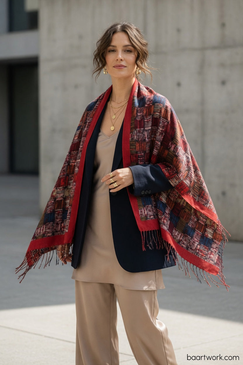 Red Mosaic Art Scarf – Artistic Pattern Wrap