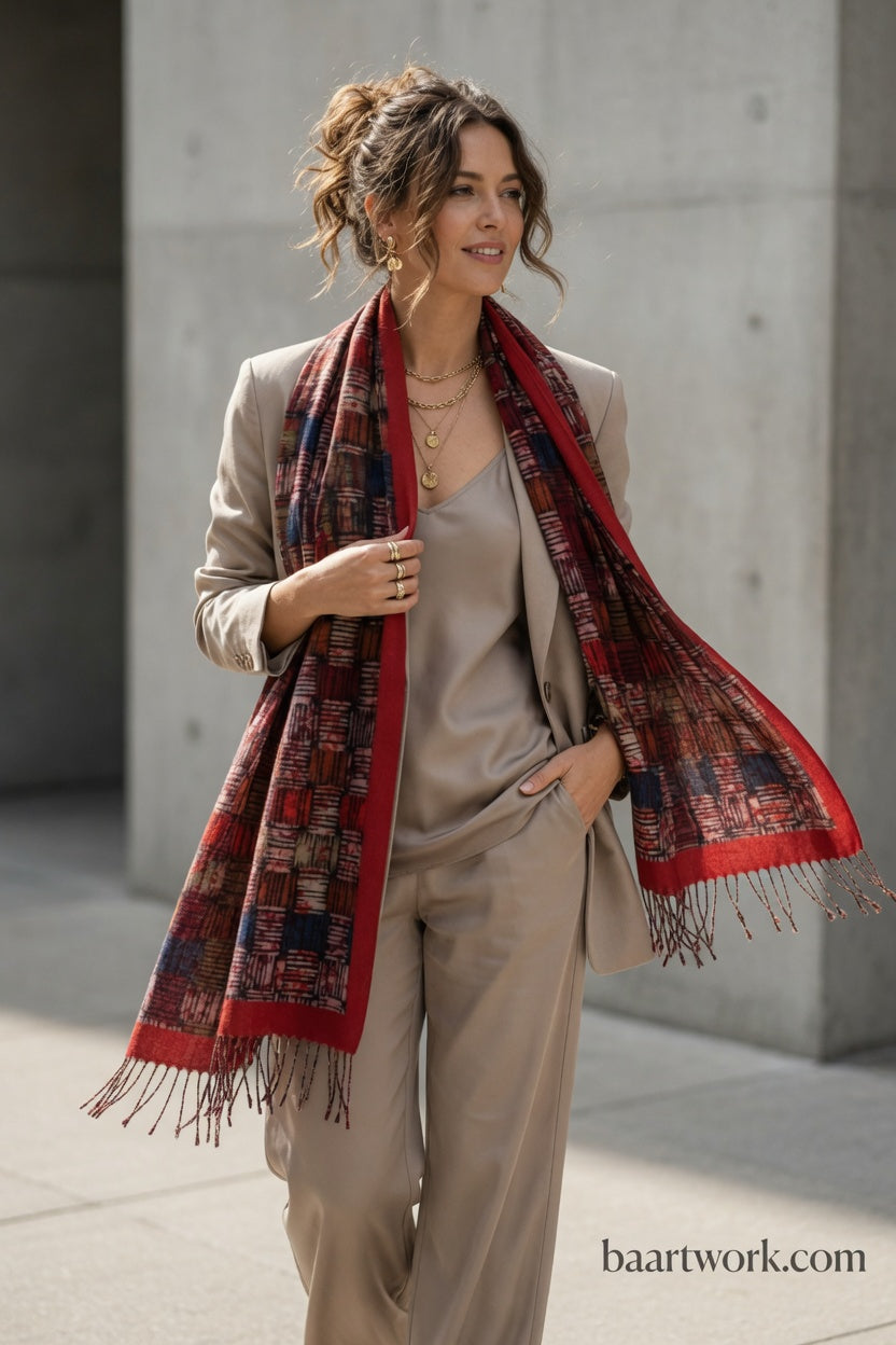 Red Mosaic Art Scarf – Artistic Pattern Wrap
