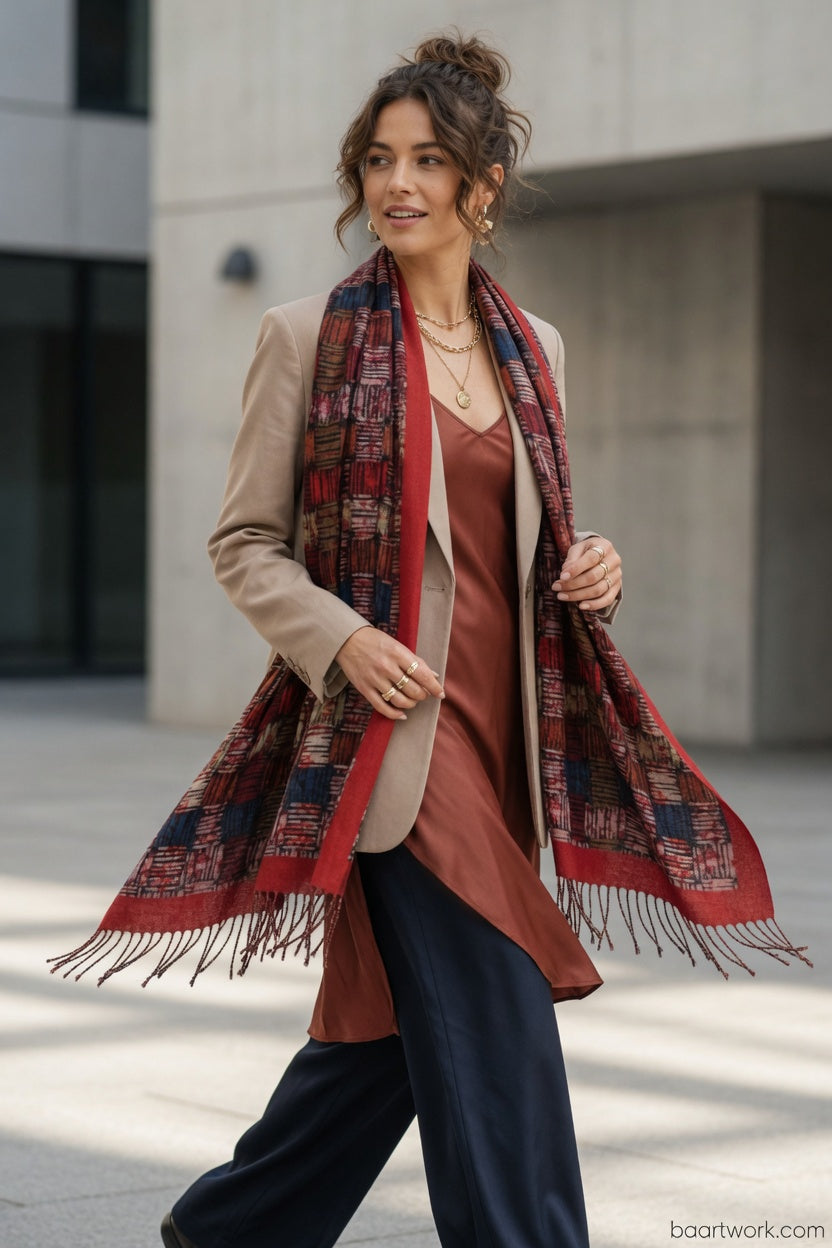 Red Mosaic Art Scarf – Artistic Pattern Wrap